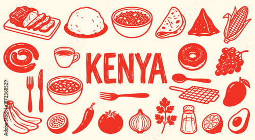 Kenya Icon Set. Kenyan Food. A hand drawn vector collection of ugali, nyama choma, chapati, tea and tropical fruits for an African restaurant menu and travel brochure.