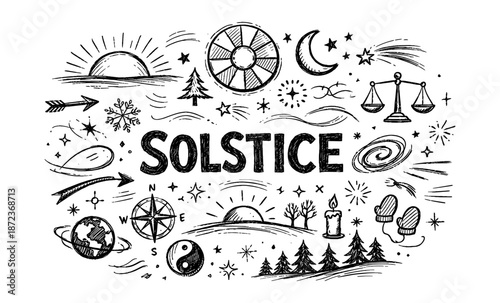 Doodle illustration of solstice with sun, moon, stars, and nature elements