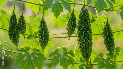 Bitter melon gourds hanging from a vine organic produce with textured skin healthy food concept for natural wellness and Asian cuisine