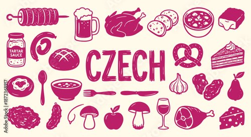 Czech Icon Set. Czech Food. A hand drawn vector collection of goulash, beer, dumplings, pastry and traditional items for an Eastern European restaurant menu and travel guide.