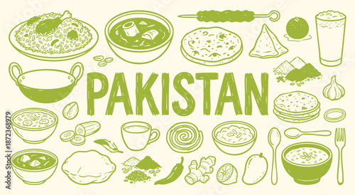 Pakistan Icon Set. Pakistani Food. A hand drawn vector collection of biryani, samosa, curry, naan and traditional dishes for an Asian restaurant menu, travel guide, and cultural art.