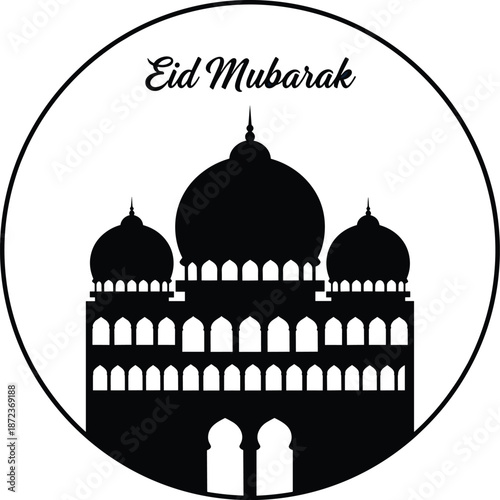 Eid Mubarak Greeting Graphic Featuring a Black Mosque Silhouette with Domes and Arched Windows in a Circular Frame for Islamic Holiday Decor Muslim Festival Signage and Religious Vector Art