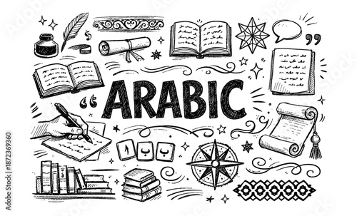 Doodle art celebrating Arabic language and culture with books, writing, and calligraphy