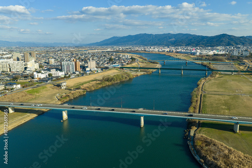 Εκτύπωση καμβά Aerial view of Chikugo River and Kurume cityscape in Fukuoka, Japan