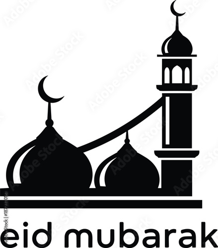 Eid Mubarak Greeting Design Featuring a Minimalist Mosque Silhouette with a Single Minaret and Multiple Domes for Islamic Holiday Decor Muslim Festival Signage and Religious Vector Art