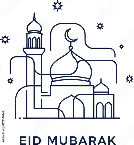 Eid Mubarak Greeting Design Featuring Modern Continuous Line Art of a Mosque and Minaret with Stars for Minimalist Islamic Holiday Decor Muslim Festival Graphics and Vector Line Drawing