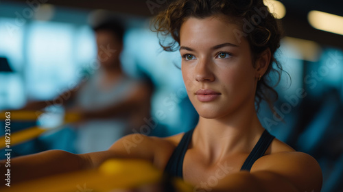 A person using resistance bands under therapist supervision, focused expression showing the challenge and hope of rebuilding strength after injury. cinematic color correction, natural uneven Free Download A person using resistance bands under therapist supervision, focused expression showing the challenge and hope of rebuilding strength after injury. cinematic color correction, natural uneven - GFXLoad