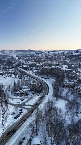 Zakopane Poland aerial video sunrise cars driving along road town 4k travel footage