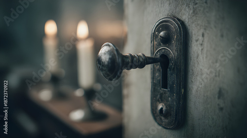 Close-up of old vintage door handle with keyhole and blurred candles in background, evoking a sense of mystery and nostalgia in a dark room