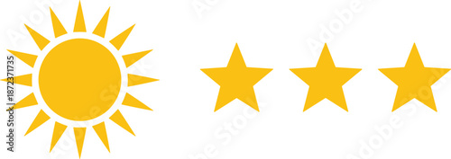 Yellow sun and star icons set on white background for summer weather forecast rating favorite reward and achievement.