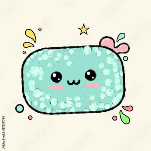 Halftone pop art dot blue bar of soap character with bubbles and a cute happy smiling facial expression, vector illustration.