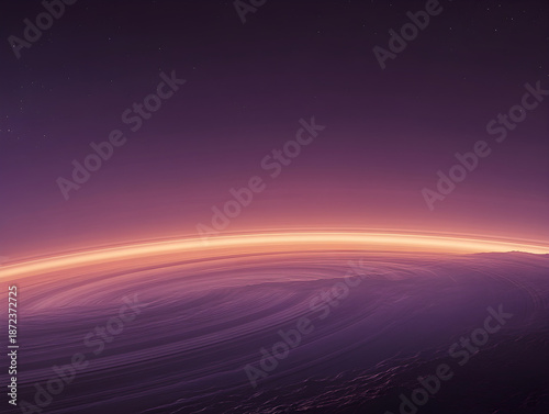 Vibrant orange sunset over purple planet landscape with glowing horizon in space, astronomy concept, beautiful celestial scene