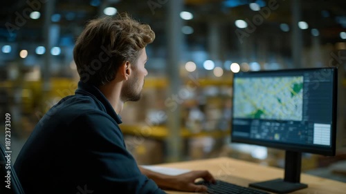 An engineer monitoring AGV traffic on a large control dashboard, digital maps displaying real-time routes and performance metrics across the entire warehouse — autonomous systems management, smart