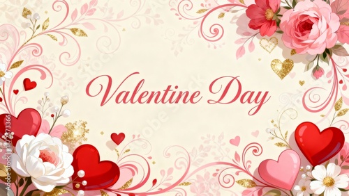 Romantic horizontal banner illustration featuring the text Valentine Day surrounded by a decorative border of pink roses, red hearts, and gold ornate swirls