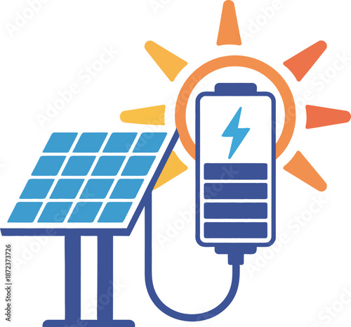 Sustainable Energy Vector with Solar Panel Charging a Large Battery Symbol