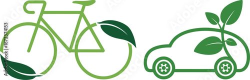 Eco Friendly Transportation Icon Set Featuring Green Bicycle and Electric Car with Leaves