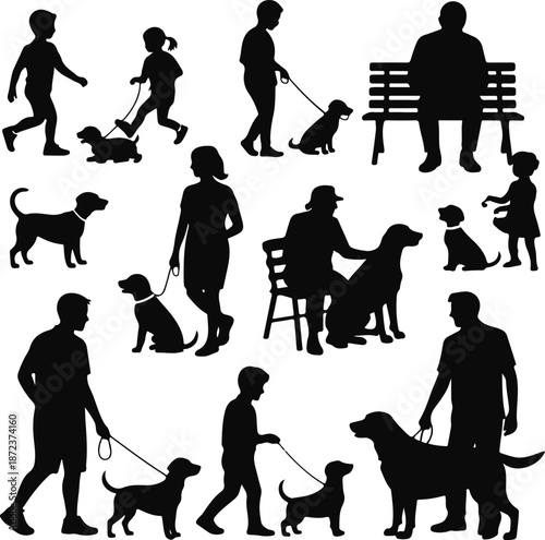 People Walking Dogs Silhouette Set - Vector Illustration of Families, Children, and Pet Owners with Puppies and Dogs in Park