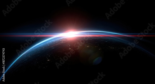 Earth rising from space, bright sunrise