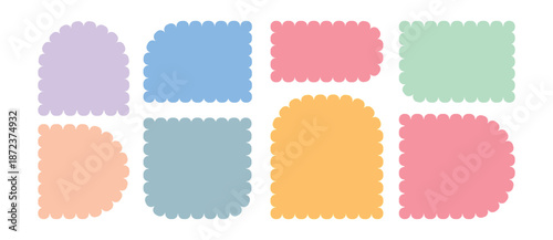 Set of Zig zag wavy shape frames. Colorful rectangles with wavy zigzag edges. Rectangular, oval round scalloped frames. Isolated elements for design of text box, badge, banner.