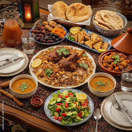 A generous spread of middle eastern iftar dishes for ramadan