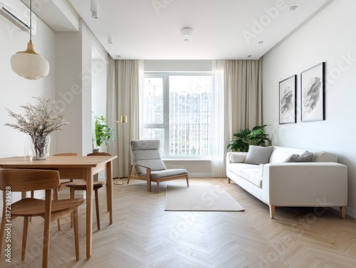 Modern living room interior with neutral colors and natural light