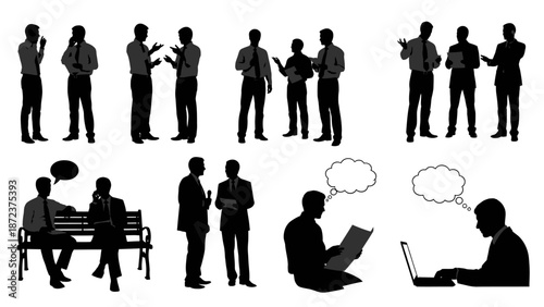 Black vector silhouettes of business people showing men and women in professional poses including standing and sitting figures in a team and office environment