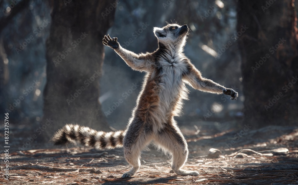 Obraz premium Ring tailed lemur standing in forest sunlight with outstretched arms