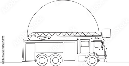 Modern fire truck with extended ladder in sleek line art style