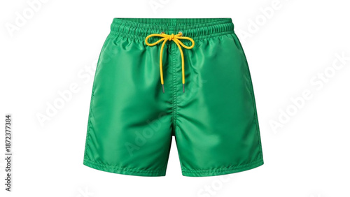 Bright green swim shorts with yellow drawstring isolated on transparent background