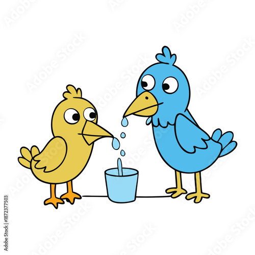 A serene scene of birds perched at a sparkling stream, dipping beaks to drink, feathers glistening under the sun, capturing nature’s simple, peaceful moments.
