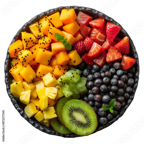 Bowl of Mixed Tropical Fruit Chunks with Sliced Kiwi Isolated on Transparent or White Background