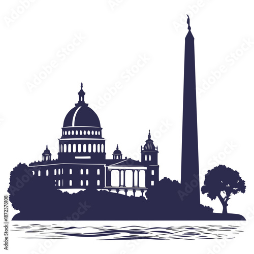 Silhouette of iconic buildings by water