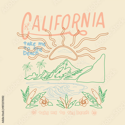 minimal Hand-Drawing art. California beach print. line art graphic. Embroidery design. summer t-shirt design. vector beach illustration. sunset beach print design.