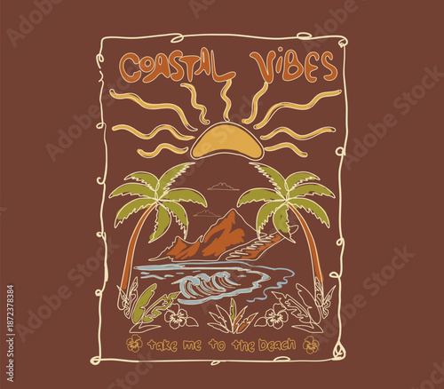 Hand Made Costal Beach illustration. vintage retro summer line art. sunshine ray drawing. summer poster. minimal beach graphics. perfects for tee t-shirt sweatshirt prints.