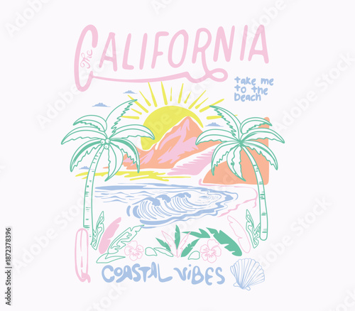 California Costal Vibes Slogan with hand drawing . women's summer fashion graphics. minimal beach graphic artwork. sunshine beach, mountain and tropical palm tree. colorful retro girls t-shirt design.