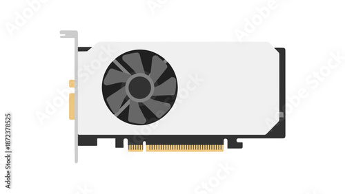 A detailed illustration of a computer graphics card with a fan and gold connectors on a white background