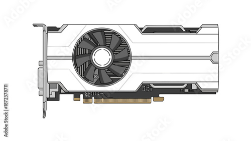 A detailed vector graphic illustration of a computer graphics card with a large fan and gold connectors on a white background