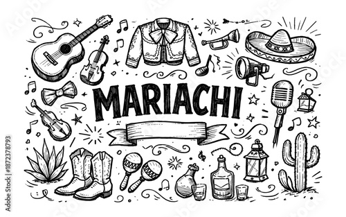 Doodle illustration of mariachi music elements and symbols in a festive composition