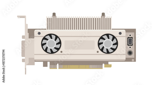A computer graphics card with two fans and a heat sink in a sleek, modern design