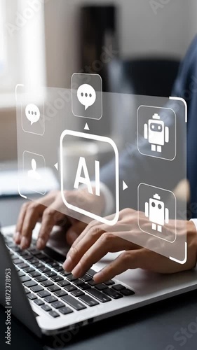 In an office space, a businessman of Asian descent works on a laptop. He analyzes data using AI tools for improving search and chat bot capabilities. His focus is on workflow automation