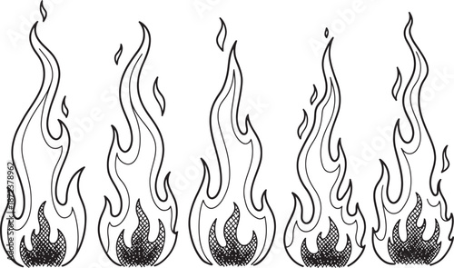 Artistic monochrome illustrations showcasing five distinct abstract fire designs, perfect for a dynamic and fiery visual theme
