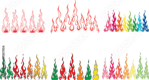 Vibrant and Dynamic Collection of Stylized Flame Illustrations in Various Colors and Shapes, Ideal for Graphic Design Elements