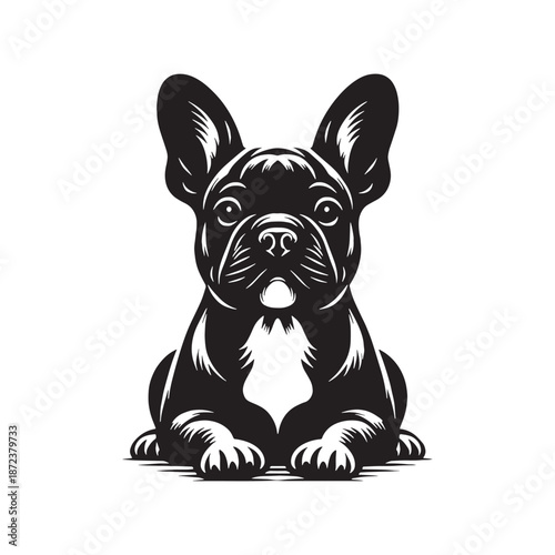 PrintModern French Bulldog vector silhouette design featuring a compact muscular body, iconic bat ears, clean minimal lines, bold shape, perfect for logos, branding, prints, stickers.