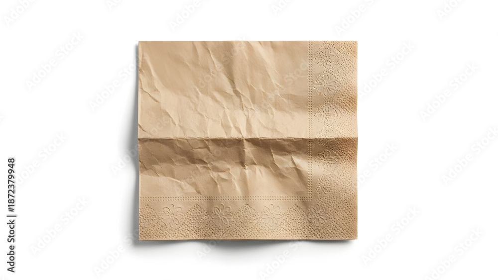 Naklejka premium Isolated shot showcases a neatly folded, light brown paper napkin on a pristine white surface, ideal for various design and commercial applications.
