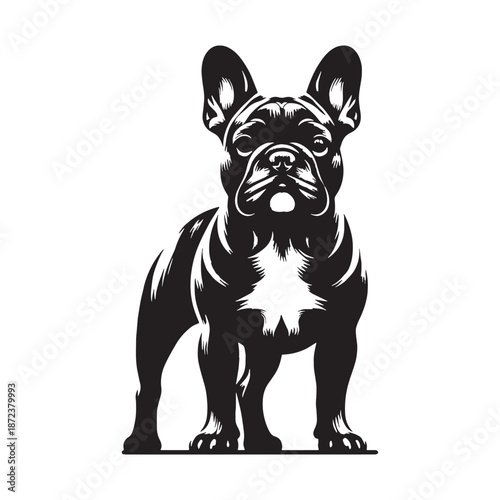 PrintModern French Bulldog vector silhouette design featuring a compact muscular body, iconic bat ears, clean minimal lines, bold shape, perfect for logos, branding, prints, stickers.