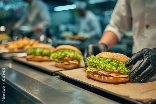 Fresh fast food sandwiches being prepared