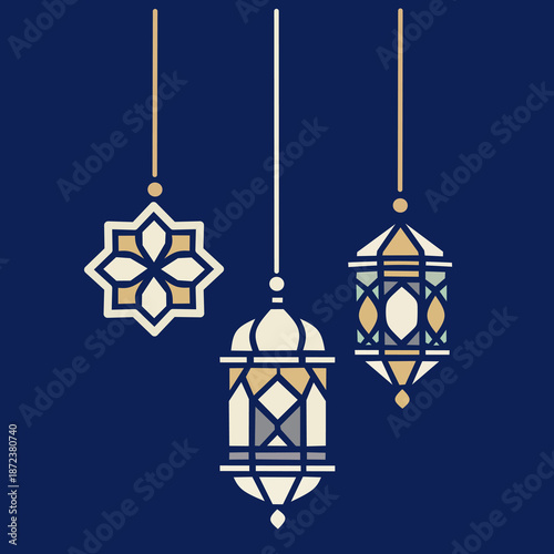 Vector illustration of an old metal Arabic lantern with an ornamental star pattern glowing against a blue mosque wall architecture design