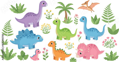 Cute Dinosaur Character Set with Colorful Baby Dinosaurs, Tropical Plants, and Prehistoric Nature Elements Cartoon Vector Illustration