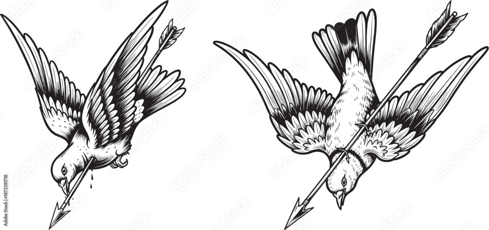 Obraz premium Tragic illustration of a bird pierced by an arrow in traditional vintage engraving style