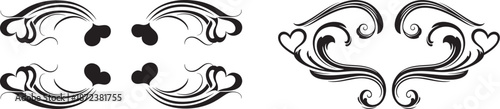 Decorative symmetrical flourishes with heart motifs in elegant black line art and silhouette